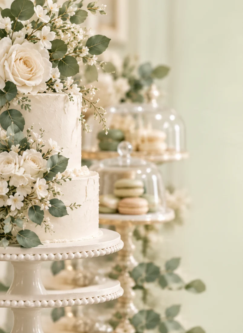 Tiered white cake with roses, hydrangeas and eucalyptus